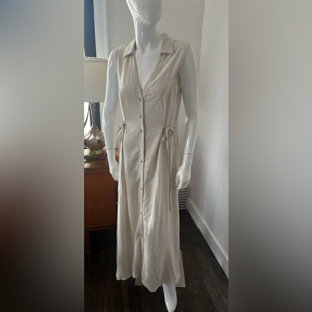 Chic Cream Linen Blend Maxi Dress with Button and Tie Detail